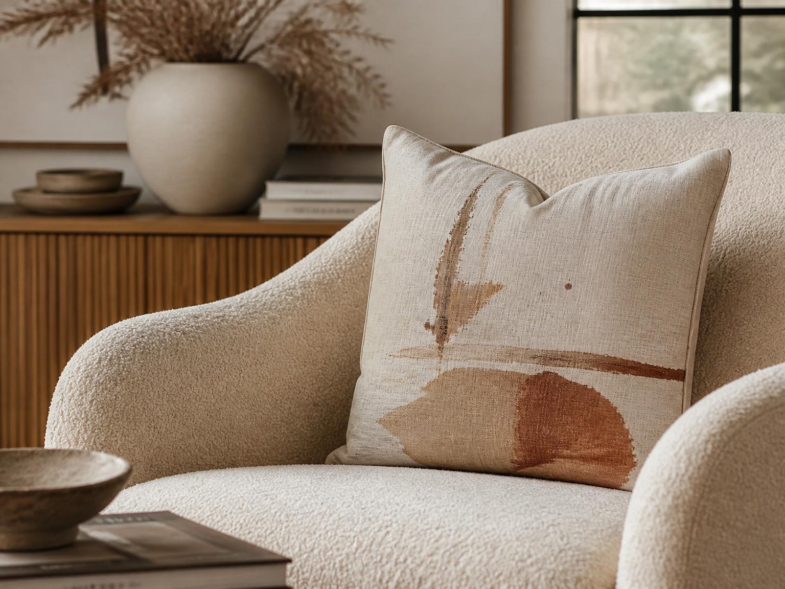 Custom linen throw pillow with abstract artwork on a boucle armchair